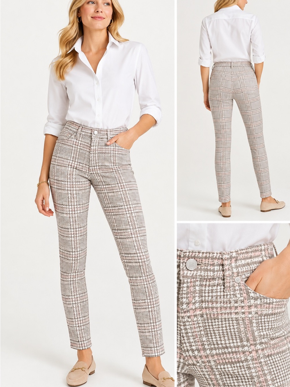J. McLaughlin Lexi Jean Pants Stretch Size 2 – Pink & Khaki Houndstooth Plaid